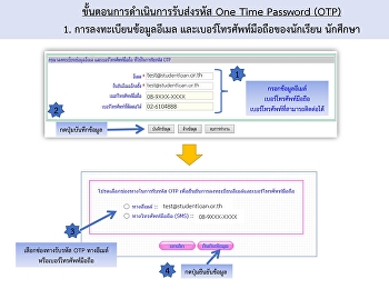 นักศึกษาผู้กู้ยืม
กองทุนเงินให้กู้ยืมเพื่อการศึกษา
มีการเปลี่ยนแปลงขั้นตอนการดำเนินการรับส่งรหัส
One Time Password (OTP) จากรับส่ง OTP
ผ่าน E-mail
ก็จะเพิ่มช่องทางเป็นส่งผ่านเข้า
เบอร์โทรศัพท์ เป็นข้อความ