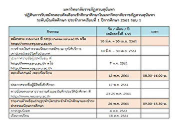 ปฏิทินการรับสมัครนักศึกษาระดับบัณฑิตศึกษา
ประจำปี 2561