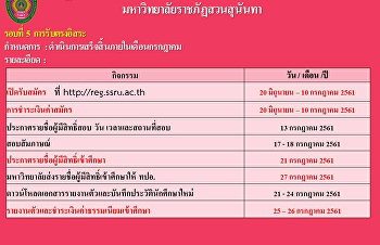 เปิดรับสมัครนักศึกษา ระดับปริญญาตรี
ในรอบรับตรงอิสระ (รอบ 5)
เปิดรับสมัครตั้งแต่วันที่ 20 มิ.ย. - 10
ก.ค. 61  สมัครคลิก
http://www.reg.ssru.ac.th/