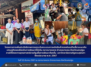 โครงการการเพิ่มประสิทธิภาพการยกระดับกระบวนการผลิตสินค้าทองผับแม่กิมลี้
ตามแนวคิดเศรษฐกิจพอเพียงกับการพัฒนาที่ยั่งยืน
ตลาดบางหลวง อำเภอบางเลน จังหวัดนครปฐม
ภายใต้โครงการยุทธศาสตร์ราชภัฏเพื่อการพัฒนาท้องถิ่น
 มหาวิทยาลัยราชภัฏสวนสุนันทา ปีงบประมาณ
พ.ศ. 2567